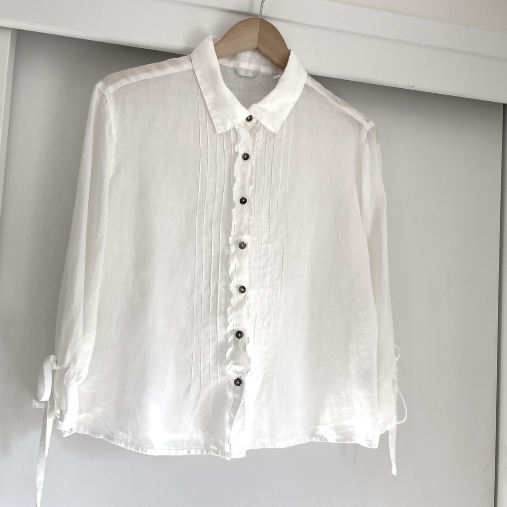 KLEEN White Ramie Ruffle Pintuck Button Front Shirt Tie Cuff Blouse Womens M